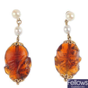 A pair of citrine and cultured pearl earrings.