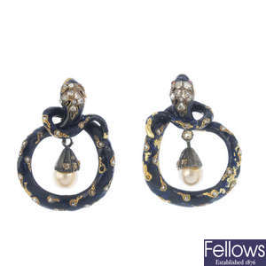 A pair of mid Victorian gold diamond and enamel snake earrings.