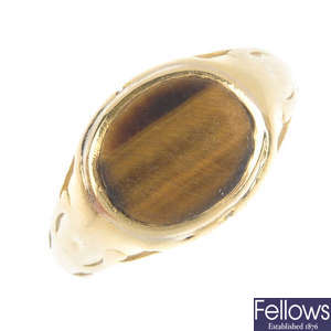 A gentleman's early Victorian gold tiger's eye signet ring.