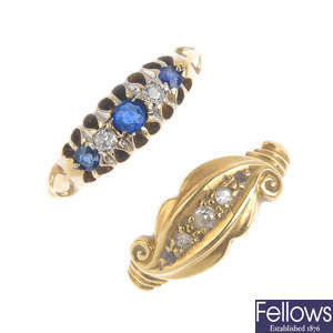 Two early 20th century 18ct gold diamond and gem-set rings.