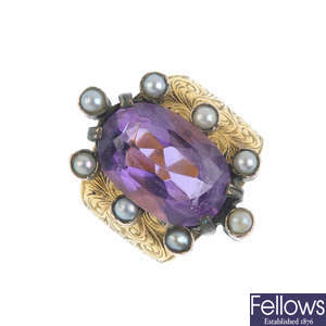 An amethyst and split pearl cluster ring.