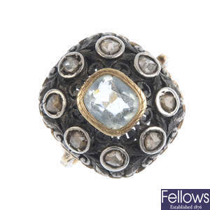 A mid 20th century aquamarine and diamond dress ring.