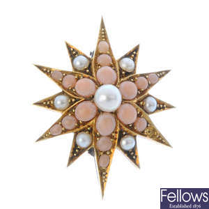 A late Victorian 15ct gold coral and split pearl star brooch. 