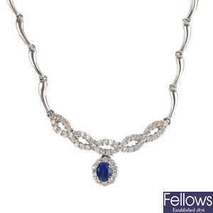 A synthetic sapphire and gem-set necklace.