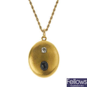 A sapphire and diamond locket, with chain.