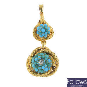 A mid 19th century gold turquoise and diamond pendant.