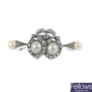 A cultured pearl, split-pearl and diamond brooch.