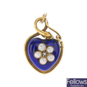 A mid Victorian enamel and split pearl heart pendant.