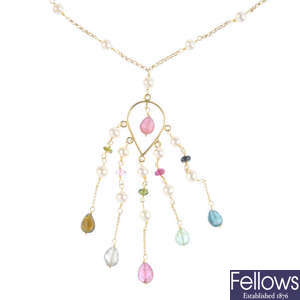 A cultured pearl and tourmaline necklace.