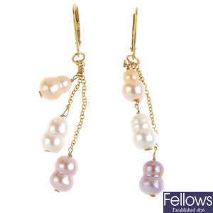 Two pairs of cultured pearl earrings.