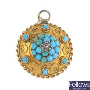 A late Victorian gold turquoise and diamond pendant, circa 1880.