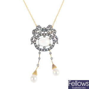A moonstone, cultured pearl and diamond pendant, on chain.