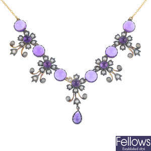 An amethyst, split pearl and diamond necklace.