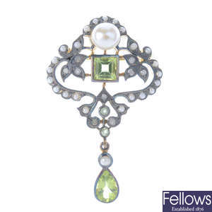 A peridot, split pearl and diamond pendant.