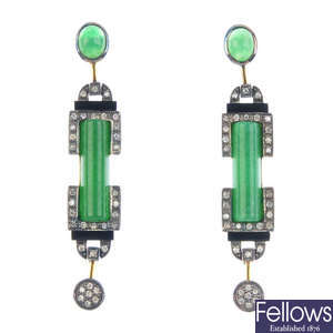 A pair of dyed jadeite, diamond and onyx earrings.