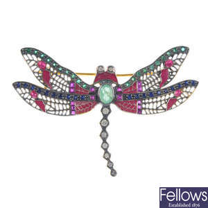 A gem-set and diamond dragonfly brooch.