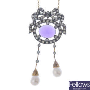 An amethyst, diamond, split and cultured pearl pendant, with chain.