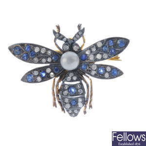 A freshwater cultured pearl, diamond and sapphire bee brooch.