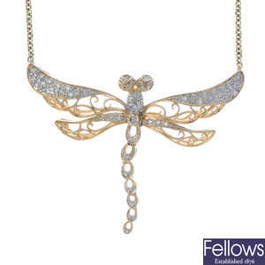 A diamond dragonfly pendant, on chain.