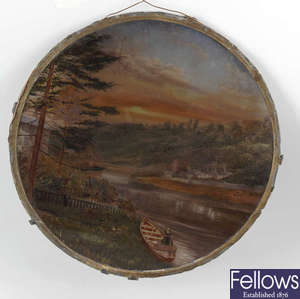 A late 19th century circular hand painted opaque glass panel.
