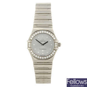 OMEGA - a lady's 18ct white gold Constellation My Choice bracelet watch.