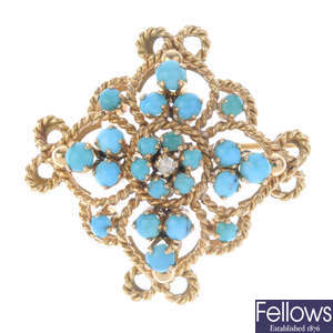 A mid 20th century gold turquoise and diamond brooch.