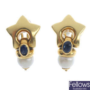 A pair of cultured pearl and sapphire earrings.