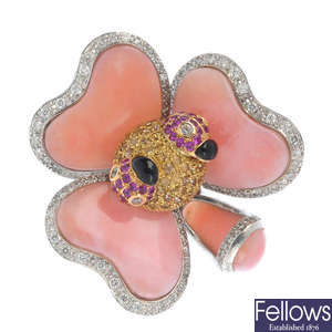 A chalcedony, diamond and ruby novelty ladybird flower ring.