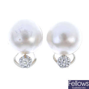 A pair of mid 20th century mabe pearl and old-cut diamond earrings.