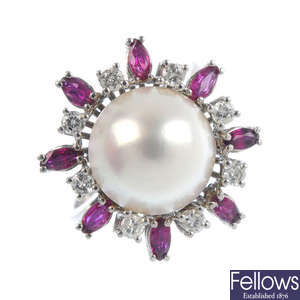 A mabe pearl, diamond and ruby dress ring.