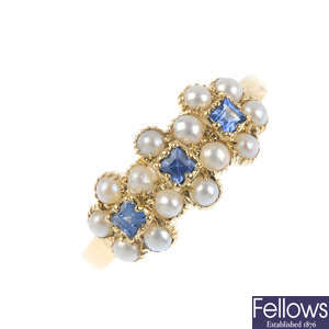 A sapphire and split pearl triple cluster ring.