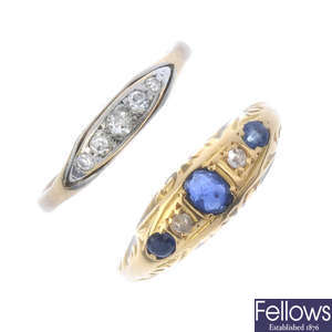 Two early 20th century diamond and sapphire rings.