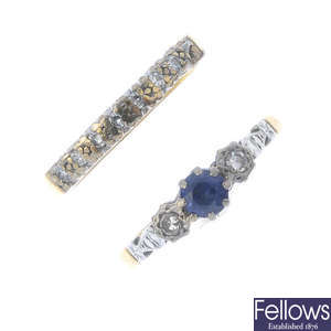 Two 18ct gold diamond and synthetic sapphire rings.