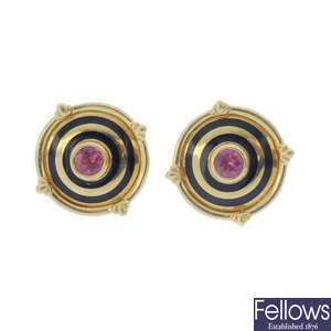 THEO FENNELL - a pair of enamel and topaz earrings.