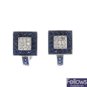 Two pairs of diamond and sapphire earrings.