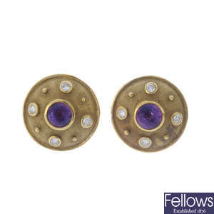 THEO FENNELL - a pair of 18ct gold amethyst and diamond earrings.