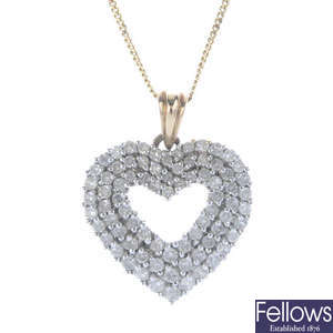 A 9ct gold diamond heart pendant, with chain.
