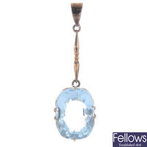 A mid 20th century aquamarine single-stone pendant.