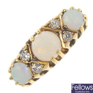 An early 20th century 18ct gold opal and diamond dress ring.