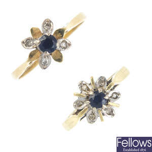 Two 1970's 18ct gold sapphire and diamond floral cluster rings.