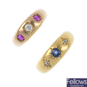 Two 18ct gold gem-set band rings.
