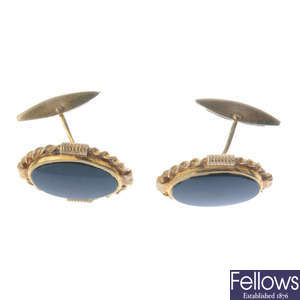 A pair of 1960s 9ct gold bloodstone cufflinks.