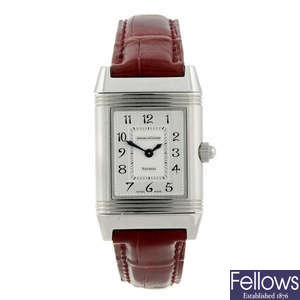 JAEGER-LECOULTRE - a lady's factory diamond set stainless steel Reverso Duetto wrist watch.