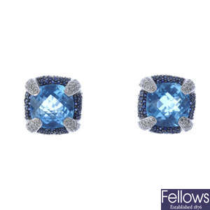 A pair of topaz, diamond and sapphire earrings.
