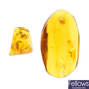 Two pieces of polished natural amber with ant inclusions.