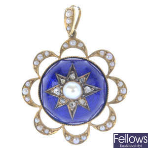 An early 20th century 15ct gold diamond, split pearl and enamel pendant.