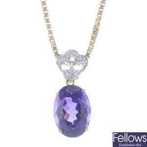 An amethyst and diamond pendant, with 9ct gold chain.