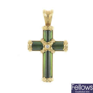 THEO FENNELL - an 18ct gold tourmaline and diamond cross pendant.