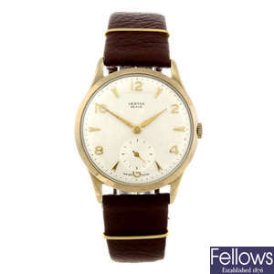 VERTEX - a gentleman's 9ct yellow gold wrist watch with a lady's Accurist wrist watch.