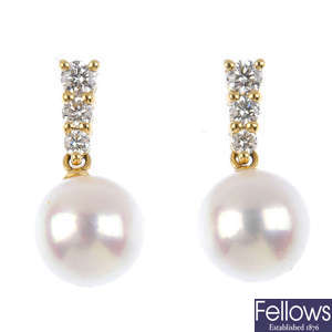MIKIMOTO - a pair of 18ct gold 'Morning Dew' Akoya cultured pearl and diamond earrings.
